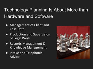 Technology Planning Is About More than
Hardware and Software
● Management of Client and
Case Data
● Production and Supervision
of Legal Work
● Records Management &
Knowledge Management
● Intake and Telephonic
Advice
 