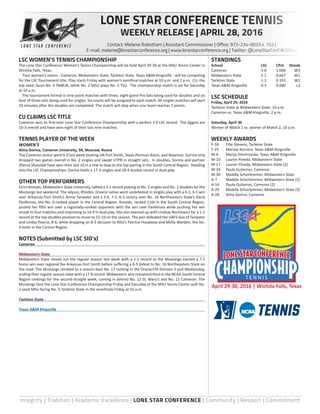 Integrity | Tradition | Academic Excellence | LONE STAR CONFERENCE | Community | Respect | Commitment
LSC WOMEN’S TENNIS CHAMPIONSHIP
The Lone Star Conference Women’s Tennis Championship will be held April 29-30 at the MSU Tennis Center in
Wichita Falls, Texas.
Four women’s teams - Cameron, Midwestern State, Tarleton State, Texas A&M-Kingsville - will be competing
for the LSC Tournament title. Play starts Friday with women’s semifinal matches at 10 a.m. and 2 p.m. CU, the
top seed, faces No. 4 TAMUK, while No. 2 MSU plays No. 3 TSU. The championship match is set for Saturday
at 10 a.m.
The tournament format is nine-point matches with three, eight-game Pro Sets being used for doubles and six
best of three-sets being used for singles. Six courts will be assigned to each match. All singles matches will start
10 minutes after the doubles are completed. The match will stop when one team reaches 5 points.
CU CLAIMS LSC TITLE
Cameron won its first-ever Lone Star Conference Championship with a perfect 3-0 LSC record. The Aggies are
16-3 overall and have won eight of their last nine matches.
TENNIS PLAYER OF THE WEEK
WOMEN’S
Alina Gorina, Cameron University, SR, Moscow, Russia
The Cameron senior went 6-0 last week beating UA-Fort Smith, Texas-Permian Basin, and Newman. Gorina only
dropped two games overall in No. 2 singles and swept UTPB in straight sets. In doubles, Gorina and partner
Zhenia Shviadok have won their last 10 in a row to leap to the top pairing in the South Central Region. Heading
into the LSC Championships, Gorina holds a 17-3 singles and 18-4 double record in dual play.
OTHER TOP PERFORMERS
Eirini Kontaki, Midwestern State University, tallied a 3-1 record playing at No. 2 singles and No. 1 doubles for the
Mustangs last weekend. The Ialysos, Rhodes, Greece native went undefeated in singles play with a 6-1, 6-1 win
over Arkansas-Fort Smith’s Annie Tarwater and a 3-6, 7-5, 6-3 victory over No. 16 Northeastern State’s Daria
Panferova, the No. 6-ranked player in the Central Region. Kontaki, ranked 11th in the South Central Region,
posted her fifth win over a regionally-ranked opponent with the win over Panferova while pushing her win
streak to four matches and improving to 14-9 in dual play. She also teamed up with Lindsay Nochowicz for a 1-1
record at the top doubles position to move to 15-10 on the season. The pair defeated the UAFS duo of Tarwater
and Lindsy Pearce, 8-6, while dropping an 8-3 decision to NSU’s Patricia Husakova and Molly Worden, the No.
4 team in the Central Region.
NOTES (Submitted by LSC SID’s)
Cameron	
Midwestern State	
Midwestern State closed out the regular season last week with a 1-1 record as the Mustangs earned a 7-2
home win over regional foe Arkansas-Fort Smith before suffering a 6-3 defeat to No. 16 Northeastern State on
the road. The Mustangs climbed to a season-best No. 17 ranking in the Oracle/ITA Division II poll Wednesday,
ending their regular season slate with a 17-8 record. Midwestern also remained third in the NCAA South Central
Region rankings for the second-straight week, coming in behind No. 12 St. Mary’s and No. 15 Cameron. The
Mustangs host the Lone Star Conference Championship Friday and Saturday at the MSU Tennis Center with No.
2 seed MSU facing No. 3 Tarleton State in the semifinals Friday at 10 a.m.
Tarleton State	
Texas A&M-Kingsville	
STANDINGS
School	 LSC	 CPct.	Streak
Cameron 	 3-0	 1.000	 W3
Midwestern State 	 2-1	 0.667	 W1
Tarleton State 	 1-2	 0.333	 W1
Texas A&M-Kingsville 	 0-3	 0.000	 L3
LSC SCHEDULE
Friday, April 29, 2016
Tarleton State at Midwestern State, 10 a.m.
Cameron vs. Texas A&M-Kingsville, 2 p.m.
Saturday, April 30
Winner of Match 1 vs. winner of Match 2, 10 a.m.
WEEKLY AWARDS
F-18	 Ellie Stevens, Tarleton State
F-25	 Mariaxi Herrera, Texas A&M-Kingsville
M-4	 Marija Dimitrovska, Texas A&M-Kingsville
M-10	 Lauren Pineda, Midwestern State
M-17	 Lauren Pineda, Midwestern State (2)
M-24	 Paula Gutierrez, Cameron
M-30	 Maddie Schorlemmer, Midwestern State
A-7	 Maddie Schorlemmer, Midwestern State (2)
A-14	 Paula Gutierrez, Cameron (2)
A-20	 Maddie Schorlemmer, Midwestern State (3)
A-28	 Alina Gorina, Cameron
April 29-30, 2016 | Wichita Falls, Texas
T E N N I S
LONE STAR CONFERENCE TENNIS
WEEKLY RELEASE | APRIL 28, 2016
Contact: Melanie Robotham | Assistant Commissioner | Office: 972-234-0033 x. 103 |
E-mail: melanie@lonestarconference.org | www.lonestarconference.org | Twitter: @LoneStarConf #LSCten
 