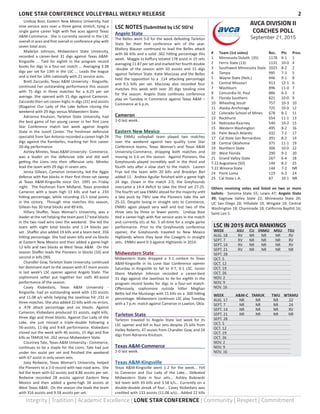 LONE STAR CONFERENCE VOLLEYBALL WEEKLY RELEASE	 2
Integrity | Tradition | Academic Excellence | LONE STAR CONFERENCE | Community | Respect | Commitment
	 Lindsay Bost, Eastern New Mexico University, had
nine service aces over a three game stretch, tying a
single game career high with five aces against Texas
A&M-Commerce. She is currently second in the LSC
overall in aces and first overall in conference play with
seven total aces.
	 Madelyn Johnson, Midwestern State University,
recorded a career-best 31 digs against Texas A&M-
Kingsville ... Tied for eighth in the program record
books for digs in a four-set match ... Averaging 3.38
digs per set for 13th in the LSC ... Leads the league
and is tied for 14th nationally with 21 service aces.
	 Brett Zaccardo, Texas A&M University - Kingsville,
continued her outstanding performance this season
with 75 digs in three matches for a 6.25 per set
average. She opened with 15 digs against Cameron.
Zaccardo then set career-highs in digs (31) and assists
(8)against Our Lady of the Lake before closing the
weekend with 29 digs versus Midwestern State.
	 Adrianna Knutson, Tarleton State University, had
the best game of her young career in her first Lone
Star Conference match last week against Angelo
State in the Junell Center. The freshman defensive
specialist from San Antonio recorded a career-high 24
digs against the Rambelles, marking her first career
20-dig performance.
	 Ashley Mireles, Texas A&M University - Commerce,
was a leader on the defensive side and did well
getting the Lions into their offensive sets. Mireles
lead the team with 29 digs in seven sets.
	 Jenna Gillean, Cameron University, led the Aggie
defense with five blocks in their first three set sweep
at Texas A&M-Kingsville since Oct. 1991 on Friday
night. The freshman from Midland, Texas provided
Cameron with a team high 13 kills and had a .233
hitting percentage, while recording 15.5 total points
in the victory. Through nine matches this season,
Gillean has 30 total blocks and 89 kills.
	 Hillary Shaffer, Texas Woman’s University, was a
leader at the net helping the team post 17 total blocks
in the two road wins over the weekend. She led the
team with eight total blocks and 1.14 blocks per
set. Shaffer also added 19 kills and a team-best .356
hitting percentage. She had seven kills and six blocks
at Eastern New Mexico and then added a game-high
12 kills and two blocks at West Texas A&M. On the
season Shaffer leads the Pioneers in blocks (33) and
second in kills (90).
	 Chandler Gow, Tarleton State University, continued
her dominant start to the season with 47 more assists
in last week’s LSC opener against Angelo State. The
sophomore setter put together her sixth 40-assist
performance of the season.
	 Casey Klobedans, Texas A&M University -
Kingsville, had an outstanding week with 133 assists
and 11.08 a/s while helping the Javelinas hit .231 in
three matches. She also added 22 kills with no errors,
a .478 attack percentage and six blocks. Against
Cameron, Klobedans produced 31 assists, eight kills,
three digs and three blocks. Against Our Lady of the
Lake, she just missed a triple-double following a
56-assists, 11-dig and 9-kill performance. Klobedans
closed out the week with 46 assists, 15 digs and five
kills as TAMUK hit .262 versus Midwestern State.
	 Courtney Tate, Texas A&M University - Commerce,
continues to be a staple for the Lions. Tate had just
under ten assist per set and finished the weekend
with 67 assist in only seven sets.
	 Joey Redwine, Texas Woman’s University, helped
the Pioneers to a 2-0 record with two road wins. She
led the team with 62 assists and 8.86 assists per set.
Redwine recorded 28 assists against Eastern New
Mexico and then added a game-high 34 assists at
West Texas A&M. On the season she leads the team
with 316 assists and 9.58 assists per set.
LSC NOTES (Submitted by LSC SID’s)
Angelo State	
The Belles went 5-0 for the week defeating Tarleton
State for their first conference win of the year.
Mallory Blauser continued to lead the Belles attack
with 66 kills and a solid .362 hitting percentage this
week. Maggie Jo Keffury totaled 178 assist in 15 sets
averaging 11.87 per set and marked her fourth double
-double of the season with 50 assists and 15 digs
against Tarleton State. Katie MacLeay and the Belles
held the opposition to a .114 attacking percentage
and 9.5 kills per set. MacLeay also recorded four
matches this week with over 20 digs totaling nine
for the season. Angelo State continues conference
play on Tuesday in Commerce against Texas A&M –
Commerce at 6 p.m.
Cameron	
1-0 last week.
Eastern New Mexico	
The ENMU volleyball team played two matches
over the weekend against two quality Lone Star
Conference teams, Texas Woman’s and Texas A&M
University-Commerce, dropping both matches and
moving to 5-6 on the season. Against Pioneers, the
Greyhounds played incredibly well in the third and
fourth sets after a slow start to the match. Lauren
Frye led the team with 20 kills and Brooklyn Biel
added 11. Andrea Aguilar finished with a game high
24 digs. Down in the match 2-0, the Greyhounds
overcame a 14-4 deficit to take the third set 27-25.
The fourth set saw ENMU ahead for the majority until
a late push by TWU saw the Pioneers take the set
25-22. Despite losing in straight sets to Commerce,
ENMU again played very well and lost two of the
three sets by three or fewer points. Lindsay Bost
tied a career-high with five service aces in the match
and currently sits at No. 5 all-time for a single game
performance. Prior to the Greyhounds conference
opener, the Greyhounds traveled to New Mexico
Highlands where they beat the Cowgirls in straight
sets. ENMU went 0-3 against Highlands in 2014.
Midwestern State	
Midwestern State dropped a 3-1 contest to Texas
A&M-Kingsville in its Lone Star Conference opener
Saturday in Kingsville to fall to 4-7, 0-1 LSC. Junior
libero Madelyn Johnson recorded a career-best
31 digs against the Javelinas to tie for eighth in the
program record books for digs in a four-set match.
Offensively, sophomore outside hitter Meghan
Bettis led the Mustangs with 15 kills on a .300 hitting
percentage. Midwestern continues LSC play Tuesday
with a 7 p.m. match against Cameron in Lawton, Okla.
Tarleton State	
Tarleton traveled to Angelo State last week for its
LSC opener and fell in four sets despite 25 kills from
Hailey Roberts, 47 assists from Chandler Gow, and 24
digs from Adrianna Knutson.
Texas A&M-Commerce	
2-0 last week.
Texas A&M-Kingsville	
Texas A&M-Kingsville went 1-2 for the week... Fell
to Cameron and Our Lady of the Lake... Defeated
Midwestern State in four sets... Ashley Bukowski
led team with 43 kills and 3.58 k/s... Currently on a
double-double streak of four... Casey Klobedans was
credited with 133 assists (11.08 a/s)... Added 22 kills
AVCA DIVISION II
COACHES POLL
September 21, 2015
#	 Team (1st votes)	 Rec.	 Pts	 Prev.
1	 Minnesota Duluth (35)	 1178 	9-1 	 1
2	 Ferris State (13) 	 1131 	 10-0 	4
3	 Southwest Minnesota State 	 1025 	 8-2 	 2
4	 Tampa 	 995 	 7-3 	 5
5	 Wayne State (Neb.) 	 946 	 9-1 	 8
6	 Central Missouri 	 913 	 12-1 	6
7	 Washburn 	 896 	 11-0 	 7
8	 Concordia-St. Paul 	 886 	 6-3 	 3
9	 Florida Southern 	 821 	 10-0 	9
10	 Wheeling Jesuit 	 757 	 10-3 	 10
11	 Alaska-Anchorage 	 725 	 10-0 	 12
12	 Colorado School of Mines 	 678 	 8-2 	 11
13	 Rockhurst 	 654 	 11-1 	13
14	 Nebraska-Kearney 	 540 	 10-2 	 15
15	 Western Washington 	 495 	 8-2 	 16
16	 Palm Beach Atlantic 	 432 	 7-2 	 17
17	 Cal State San Bernardino 	 391 	 8-2 	 14
18	 Central Oklahoma 	 375 	 11-1 	19
19	 Northern State 	 306 	 10-0 	 22
20	 West Florida 	 290 	 9-2 	 20
21	 Grand Valley State 	 267 	 6-4 	 18
T-22	Augustana (SD) 	 144 	 8-2 	 25
T-22 Winona State 	 144 	 7-2 	 NR
24	 Point Loma 	 119 	 6-3 	 24
25	 Cal State L.A. 	 87 	 10-1 	NR
Others receiving votes and listed on two or more
ballots: Sonoma State 55; Lewis 47; Angelo State
39; Saginaw Valley State 22; Minnesota State 20;
UC San Diego 20; Hillsdale 19; Wingate 19; Central
Washington 18; Chaminade 18; California Baptist 16;
Saint Leo 5.
LSC IN 2015 AVCA RANKINGS
WEEK	 ASU	 CU	ENMU	MSU	 TSU
AUG. 18	 RV	 NR	 NR	 NR	 RV
SEPT. 7	 RV	 NR	 NR	 NR	 RV
SEPT. 14	 RV	 NR	 NR	 NR	 RV
SEPT. 21	 RV	 NR	 NR	 NR	 NR
SEPT. 28					
OCT. 5					
OCT. 12					
OCT. 19					
OCT. 26					
NOV. 2					
NOV. 9					
NOV. 16					
WEEK	 A&M-C	TAMUK	 TWU	WTAMU
AUG. 17	 NR	 NR	 NR	 22
SEPT. 7	 NR	 NR	 NR	 24
SEPT. 14	 NR	 NR	 NR	 RV
SEPT. 21	 NR	 NR	 NR	 NR
SEPT. 28				
OCT. 5				
OCT. 12				
OCT. 19				
OCT. 26				
NOV. 2				
NOV. 9				
NOV. 16				
 