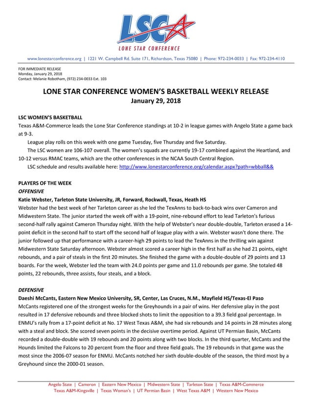 Lone Star Conference Women's Basketball Weekly Release (01/29/18)