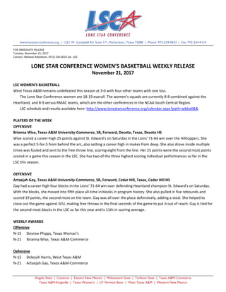 Angelo State | Cameron | Eastern New Mexico | Midwestern State | Tarleton State | Texas A&M-Commerce
Texas A&M-Kingsville | Texas Woman’s | UT Permian Basin | West Texas A&M | Western New Mexico
www.lonestarconference.org | 1221 W. Campbell Rd. Suite 171, Richardson, Texas 75080 | Phone: 972-234-0033 | Fax: 972-234-4110
FOR IMMEDIATE RELEASE
Tuesday, November 21, 2017
Contact: Melanie Robotham, (972) 234-0033 Ext. 103
LONE STAR CONFERENCE WOMEN’S BASKETBALL WEEKLY RELEASE
November 21, 2017
LSC WOMEN’S BASKETBALL
West Texas A&M remains undefeated this season at 3-0 with four other teams with one loss.
The Lone Star Conference women are 18-19 overall. The women’s squads are currently 8-8 combined against the
Heartland, and 8-9 versus RMAC teams, which are the other conferences in the NCAA South Central Region.
LSC schedule and results available here: http://www.lonestarconference.org/calendar.aspx?path=wbball&&
PLAYERS OF THE WEEK
OFFENSIVE
Brianna Wise, Texas A&M University-Commerce, SR, Forward, Desoto, Texas, Desoto HS
Wise scored a career-high 25 points against St. Edward's on Saturday in the Lions' 71-64 win over the Hilltoppers. She
was a perfect 5-for-5 from behind the arc, also setting a career high in makes from deep. She also drove inside multiple
times was fouled and sent to the free throw line, scoring eight from the line. Her 25 points were the second most points
scored in a game this season in the LSC. She has two of the three highest scoring individual performances so far in the
LSC this season.
DEFENSIVE
Artaejah Gay, Texas A&M University-Commerce, SR, Forward, Cedar Hill, Texas, Cedar Hill HS
Gay had a career-high four blocks in the Lions' 71-64 win over defending Heartland champion St. Edward's on Saturday.
With the blocks, she moved into fifth place all-time in blocks in program history. She also pulled in five rebounds and
scored 19 points, the second most on the team. Gay was all over the place defensively, adding a steal. She helped to
close out the game against SEU, making free throws in the final seconds of the game to put it out of reach. Gay is tied for
the second most blocks in the LSC so far this year and is 11th in scoring average.
WEEKLY AWARDS
Offensive
N-15 Desiree Phipps, Texas Woman's
N-21 Brianna Wise, Texas A&M-Commerce
Defensive
N-15 Deleyah Harris, West Texas A&M
N-21 Artaejah Gay, Texas A&M-Commerce
 