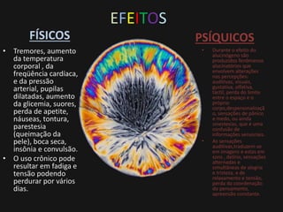 EFEITOS
FÍSICOS
• Tremores, aumento
da temperatura
corporal , da
freqüência cardíaca,
e da pressão
arterial, pupilas
dilatadas, aumento
da glicemia, suores,
perda de apetite,
náuseas, tontura,
parestesia
(queimação da
pele), boca seca,
insônia e convulsão.
• O uso crônico pode
resultar em fadiga e
tensão podendo
perdurar por vários
dias.
PSÍQUICOS
• Durante o efeito do
alucinógeno são
produzidos fenômenos
alucinatórios que
envolvem alterações
nas percepções:
auditivas, visuais,
gustativa, olfativa,
táctil, perda do limite
entre o espaço e o
próprio
corpo,despersonalizaçã
o, sensações de pânico
e medo, ou ainda
sinestesias, que é uma
confusão de
informações sensoriais.
• As sensações
auditivas,traduzem-se
em imagens e estas em
sons , delírio, sensações
alternadas e
simultâneas de alegria
e tristeza, e de
relaxamento e tensão,
perda da coordenação
do pensamento,
apreensão constante.
 