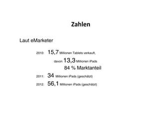 !"#$%&'

Laut eMarketer

       2010:   15,7 Millionen Tablets verkauft,
                   davon   13,3 Millionen iPads
                           84 % Marktanteil
       2011:   34 Millionen iPads (geschätzt)
       2012:   56,1 Millionen iPads (geschätzt)
 