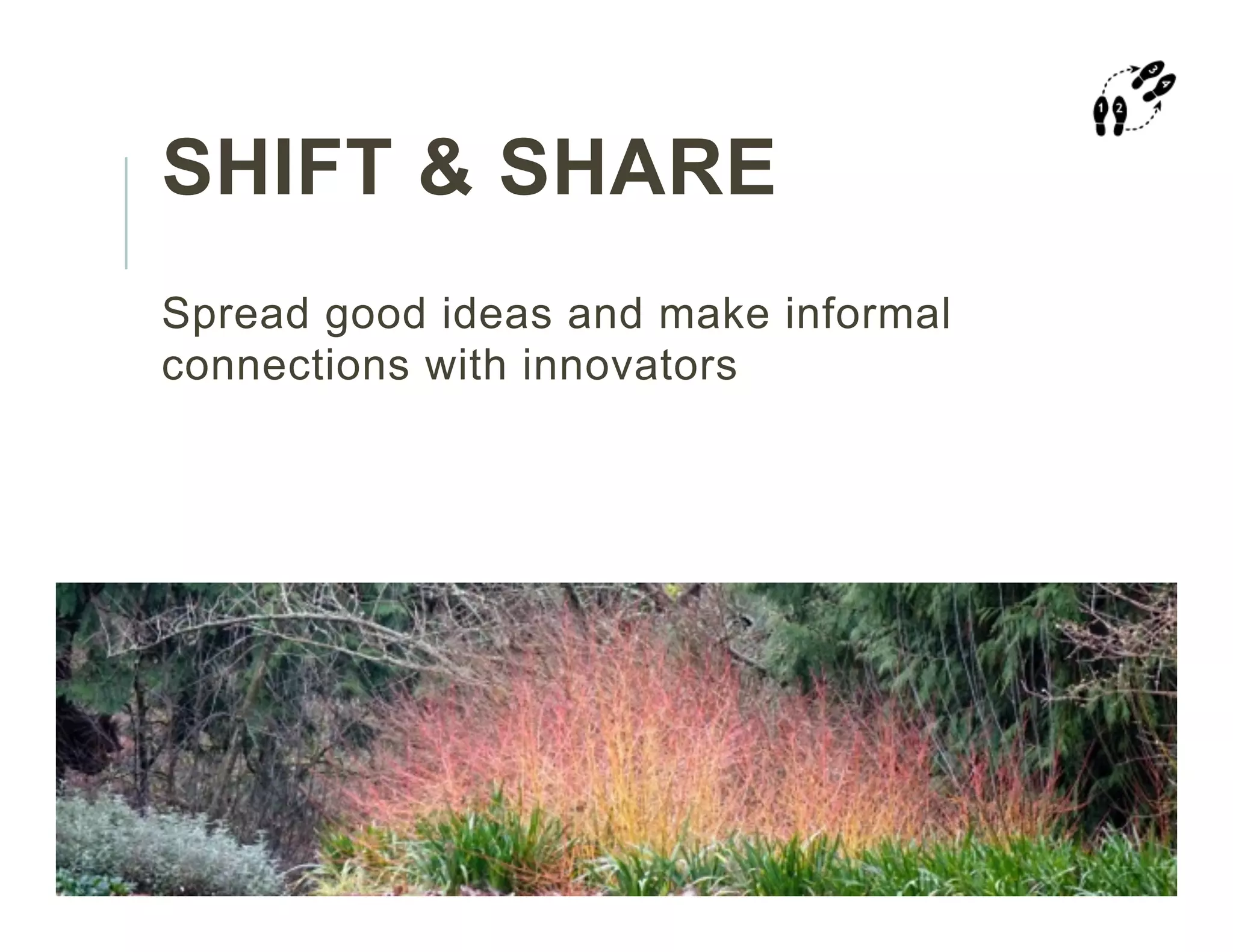 SHIFT & SHARE
Spread good ideas and make informal
connections with innovators
 