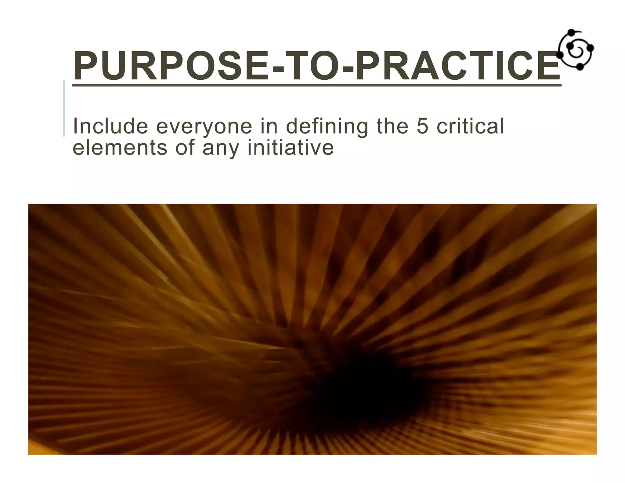 PURPOSE-TO-PRACTICE
Include everyone in defining the 5 critical
elements of any initiative
 