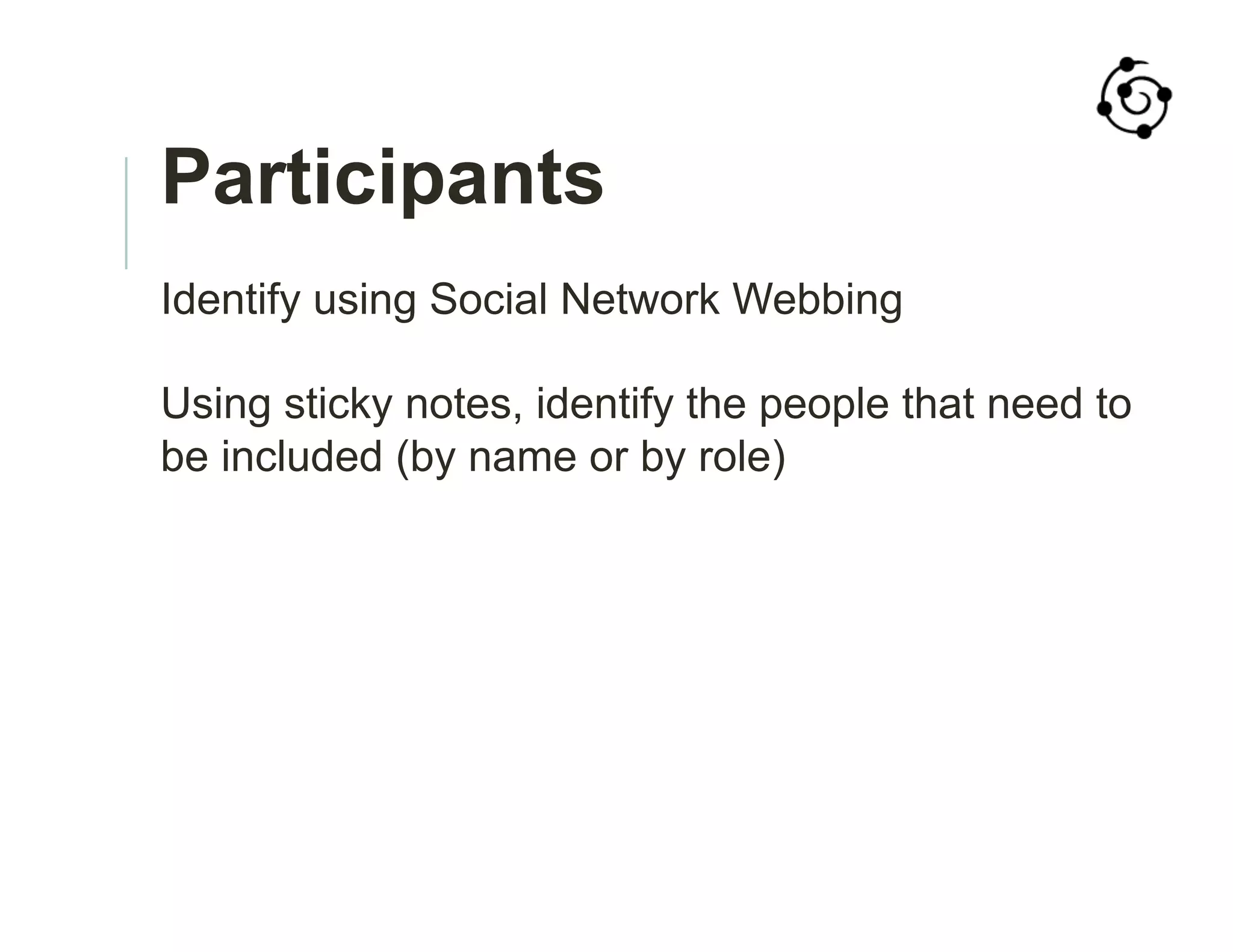 Participants
Identify using Social Network Webbing
Using sticky notes, identify the people that need to
be included (by name or by role)
 