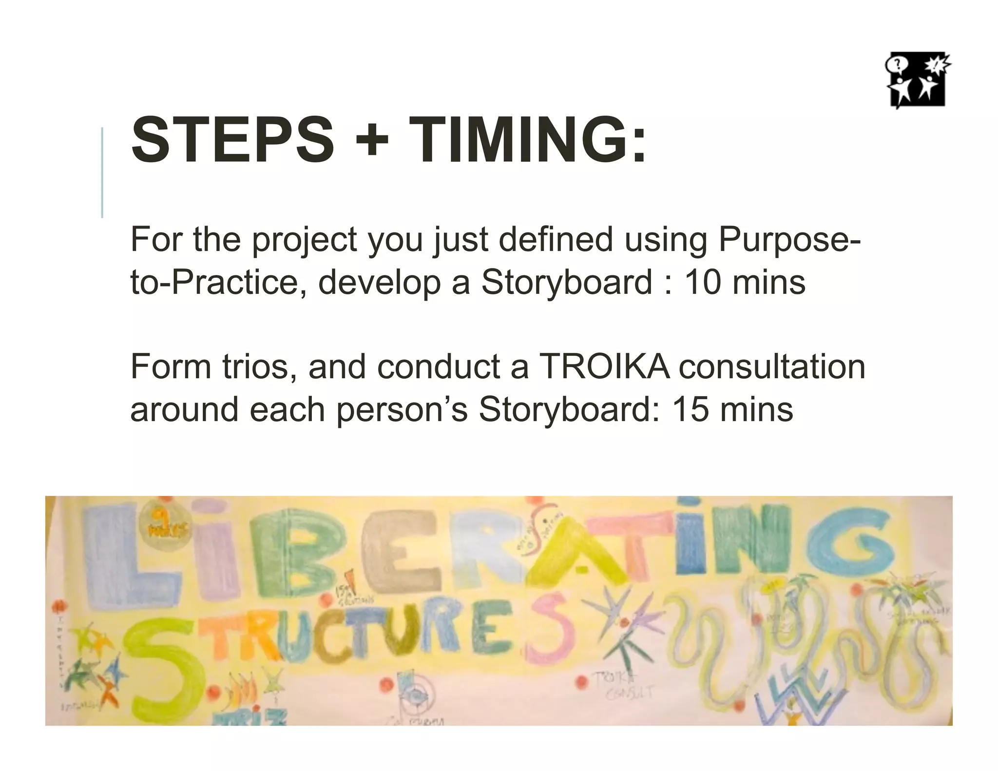 STEPS + TIMING:
For the project you just defined using Purpose-
to-Practice, develop a Storyboard : 10 mins
Form trios, and conduct a TROIKA consultation
around each person’s Storyboard: 15 mins
 