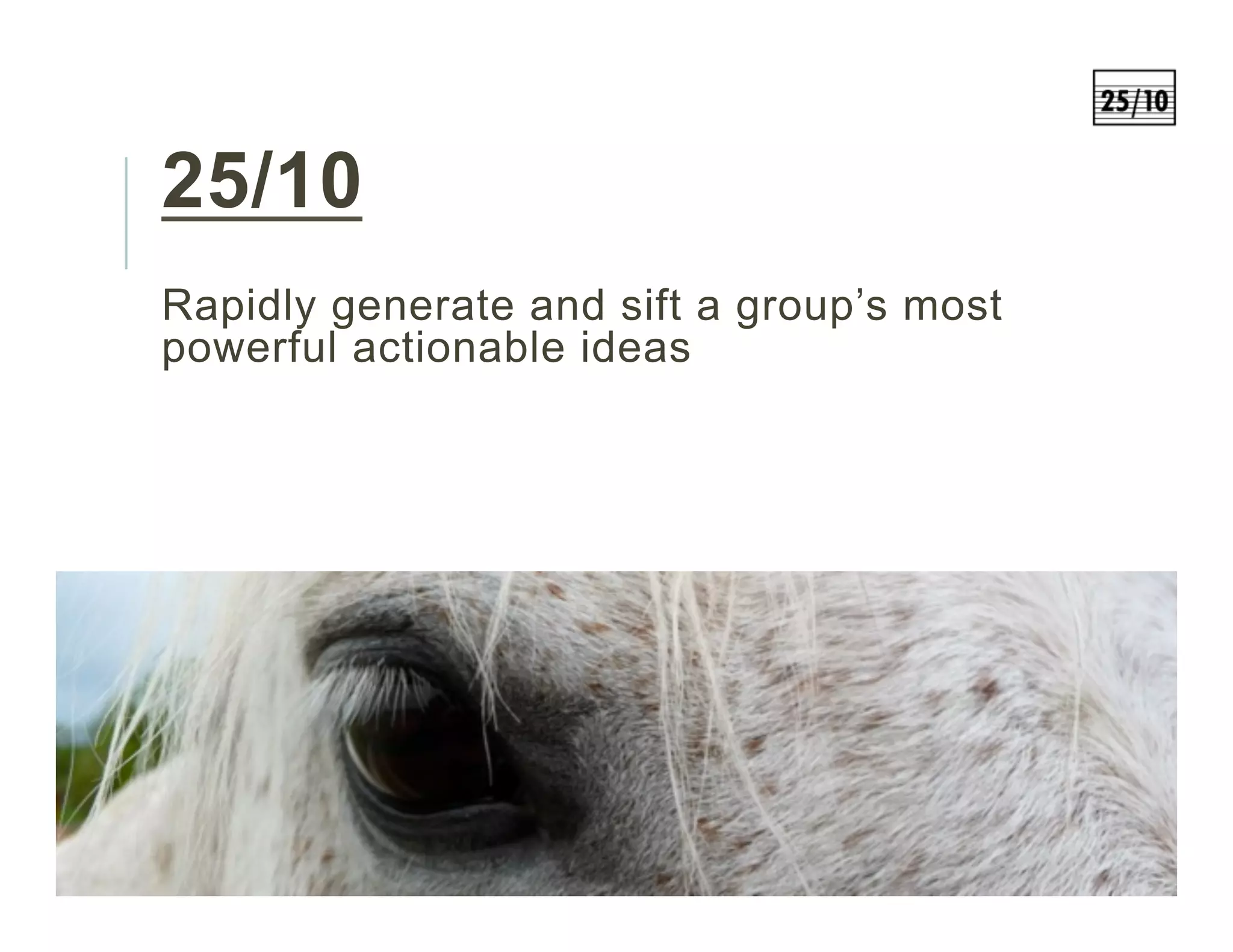 25/10
Rapidly generate and sift a group’s most
powerful actionable ideas
 