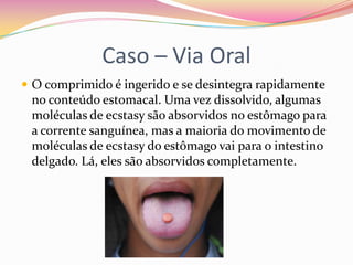 O comprimido é ingerido e se desintegra rapidamente no conteúdo estomacal. Uma vez dissolvido, algumas moléculas de ecstasy são absorvidos no estômago para a corrente sanguínea, mas a maioria do movimento de moléculas de ecstasy do estômago vai para o intestino delgado. Lá, eles são absorvidos completamente.Caso – Via Oral