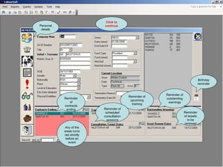 Personal details Birthday reminder Reminder of contracts ending Reminder of upcoming training Reminder of outstanding warnings Reminder of scheduled consultation sessions Reminder of assets to be renewed Any of the areas turns red shortly before an event Click to continue 