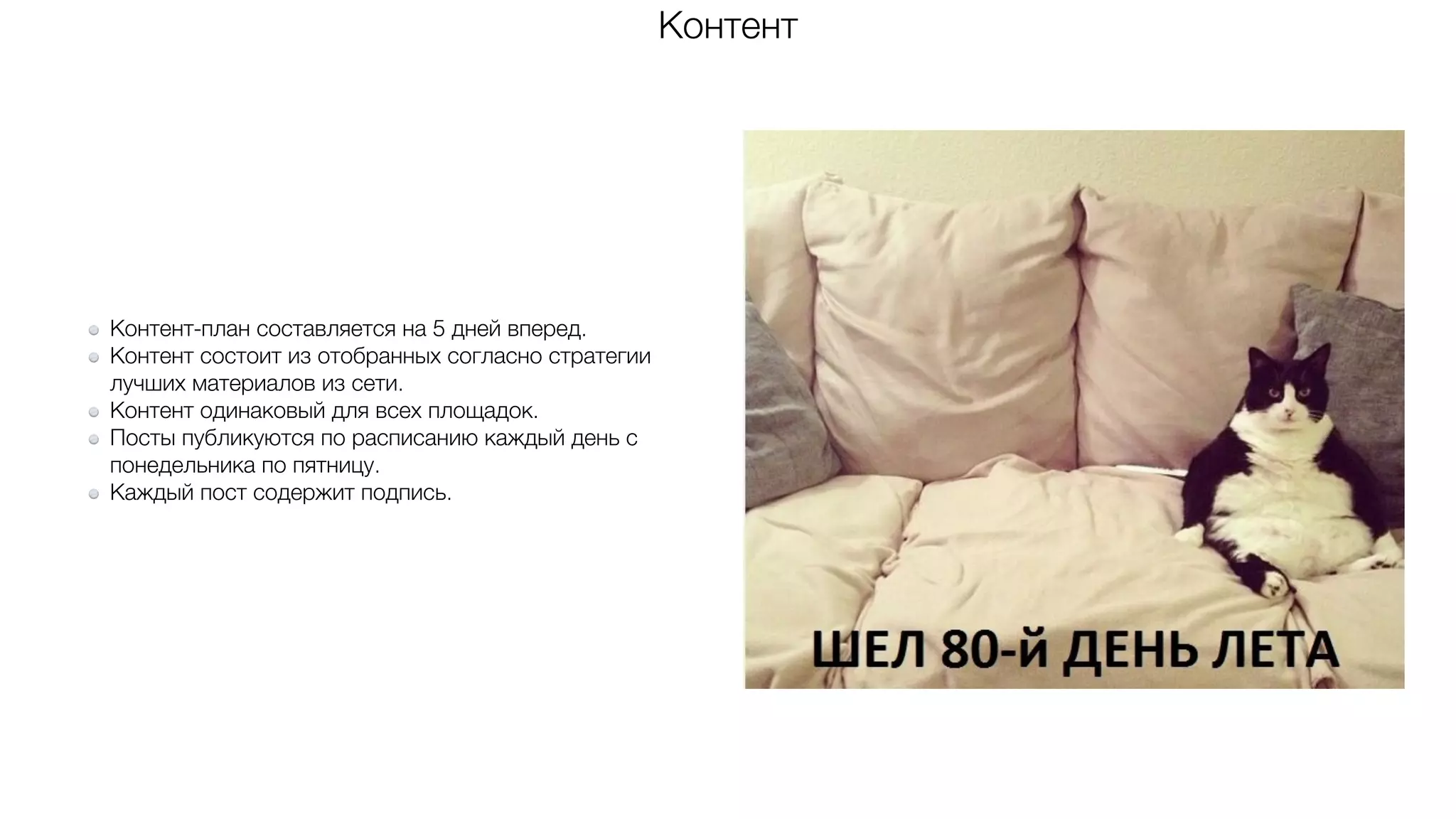 Контент
Контент-план составляется на 5 дней вперед.
Контент состоит из отобранных согласно стратегии
лучших материалов из сети.
Контент одинаковый для всех площадок.
Посты публикуются по расписанию каждый день с
понедельника по пятницу.
Каждый пост содержит подпись.
 