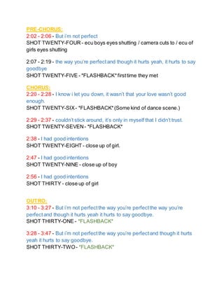 PRE-CHORUS:
2:02 - 2:06 - But i’m not perfect
SHOT TWENTY-FOUR - ecu boys eyes shutting / camera cuts to / ecu of
girls eyes shutting
2:07 - 2:19 - the way you’re perfectand though it hurts yeah, it hurts to say
goodbye
SHOT TWENTY-FIVE - *FLASHBACK*firsttime they met
CHORUS:
2:20 - 2:28 - I know i let you down, it wasn’t that your love wasn’t good
enough.
SHOT TWENTY-SIX- *FLASHBACK*(Some kind of dance scene.)
2:29 - 2:37 - couldn’t stick around, it’s only in myself that I didn’t trust.
SHOT TWENTY-SEVEN- *FLASHBACK*
2:38 - I had good intentions
SHOT TWENTY-EIGHT - close up of girl.
2:47 - I had good intentions
SHOT TWENTY-NINE - close up of boy
2:56 - I had good intentions
SHOT THIRTY - close up of girl
OUTRO:
3:10 - 3:27 - But i’m not perfectthe way you’re perfectthe way you’re
perfectand though it hurts yeah it hurts to say goodbye.
SHOT THIRTY-ONE - *FLASHBACK*
3:28 - 3:47 - But i’m not perfectthe way you’re perfectand though it hurts
yeah it hurts to say goodbye.
SHOT THIRTY-TWO- *FLASHBACK*
 