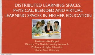 DISTRIBUTED LEARNING SPACES:
            PHYSICAL, BLENDED AND VIRTUAL
        LEARNING SPACES IN HIGHER EDUCATION




                                      Professor Mike Keppell
                            Director, The Flexible Learning Institute &
                                  Professor of Higher Education
                                     Charles Sturt University
Tuesday, 30 November 2010                                                 1
 
