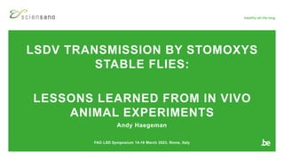Andy Haegeman
FAO LSD Symposium 14-16 March 2023, Rome, Italy
LSDV TRANSMISSION BY STOMOXYS
STABLE FLIES:
LESSONS LEARNED FROM IN VIVO
ANIMAL EXPERIMENTS
 
