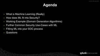 © 2019 SPLUNK INC.
▶ What is Machine Learning (Really)
▶ How does ML fit into Security?
▶ Working Example (Domain Generation Algorithms)
▶ Further Common Security Use-Cases with ML
▶ Fitting ML into your SOC process
▶ Questions
Agenda
 