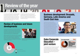 Review of the year
The Company has completed another successful year providing
its commercially-driven consultancy and customised executive
education service on behalf of the LSE community. Closer
co-ordination with the external functions of LSE has led to new
opportunities emerging with businesses and the public sector
in Germany, Latin America and South East Asia. New business
strands are being explored and developed to further expand
our service across LSE whilst we also continue to spread our
message to alumni around the world.

The company’s core mission remains to bring value to LSE
by delivering a gift aid payment as well as promoting and
transferring expertise and research knowledge from LSE to the
outside world. Our activities support the aims and ambitions
of our academic colleagues and we continue to welcome
conversations with all those who wish to explore opportunities,
no matter how small or large.

Review of business and future
developments
Continued economic uncertainty across most EU countries was
the backdrop for a modest 3.5 per cent growth in revenue from
£6.24 million in 2011/12 to £6.46 million. Gross profit on operating
activities was down slightly at £2.6 million from £2.8 million in the
prior year. The company’s total transfer to LSE for the financial
year will have been £3.36 million, comprising payments to
academics and researchers as well as gift aid payments.
After paying academics £2.25 million for their work, an unrestricted
gift of £1.01 million will be made to LSE. This compares to £753k
in the prior year, a 34 per cent increase in underlying profit. A
further £107k of research fund donations will be given to the
School by way of gift aid. The underlying financial performance
indicates that the company is now emerging from the more difficult
part of the economic downturn.

The first project for our Berlin branch was the British-German
Dialogue, run in collaboration with the UK Foreign and
Commonwealth Office

12
54
Number of
projects
undertaken
2012/13

Custom programmes
127

Consultancy/commercial research
Other
12

Business development: Brussels,
Germany, Latin America and
South East Asia
During the year we recruited a business
development manager for Germany, based in
Berlin. The first year of this activity has been one
of networking and developing opportunities whilst
at the same time delivering our first project, the
British-German dialogue (below left and p 4). New
business development efforts elsewhere saw fruitful
new programmes with clients in South East Asia
(pp 8-10) as well as encouraging new work from
Latin America (right and p 8). We expect further
expansion in these territories in the forthcoming
year. Our core commercial research work moves
from strength to strength, with significant large
scale contract wins with EU Directorates and the
European Parliament as well as interesting UK
contracts from policing (below right and p 11) to
energy policy (p 3).

We have increasing numbers of custom programme participants from
Latin America on campus

Duke Corporate
Education –
joint venture
Our successful global joint venture with Duke CE Ltd to supply
customised strategy courses to multinational organisations
continued well during the year. Duke CE has maintained
its pre-eminent position in the custom executive education
ranking of the FT for the 11th year in succession. The company
draws upon LSE Enterprise to assist with the delivery of the
broad socio-economic context in which many of their client
organisations operate.

STOP  SEARCH FOR DRUGS

EVERY 58 SECONDS
SOMEONE IS STOPPED
AND SEARCHED FOR
DRUGS IN ENGLAND
AND WALES*
*Data from 2009/10, 2010/11, 2011/12.

Our project with Release investigated ethnic disparities in the policing
and prosecution of drug offences

13

 