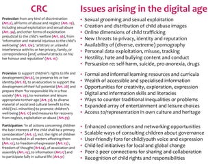 CRC Issues arising in the digital age
Protection from any kind of discrimination
(Art.2), all forms of abuse and neglect (...