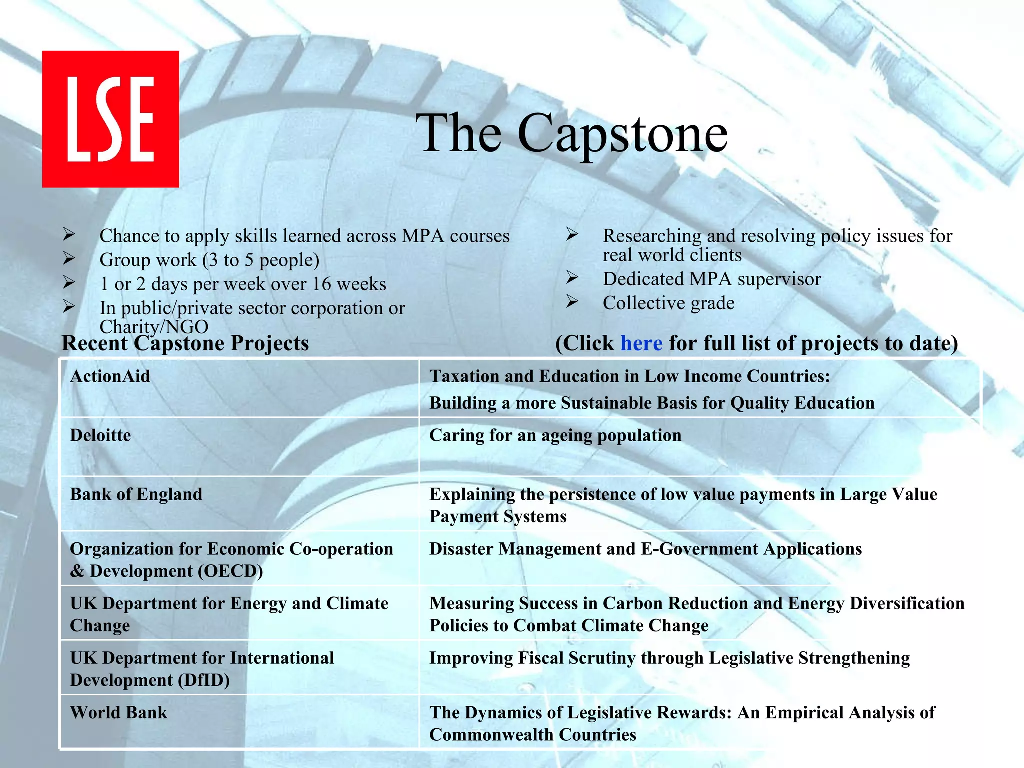 The Capstone Chance to apply skills learned across MPA courses Group work (3 to 5 people) 1 or 2 days per week over 16 weeks  In public/private sector corporation or Charity/NGO Researching and resolving policy issues for real world clients Dedicated MPA supervisor Collective grade  Recent Capstone Projects    (Click  here  for full list of projects to date) Measuring Success in Carbon Reduction and Energy Diversification Policies to Combat Climate Change  UK Department for Energy and Climate Change Explaining the persistence of low value payments in Large Value Payment Systems Bank of England Taxation and Education in Low Income Countries:  Building a more Sustainable Basis for Quality Education  ActionAid Caring for an ageing population Deloitte Disaster Management and E-Government Applications Organization for Economic Co-operation & Development (OECD) The Dynamics of Legislative Rewards: An Empirical Analysis of Commonwealth Countries World Bank  Improving Fiscal Scrutiny through Legislative Strengthening UK Department for International Development (DfID) 