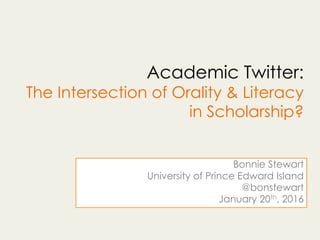 Academic Twitter:
The Intersection of Orality & Literacy
in Scholarship?
Bonnie Stewart
University of Prince Edward Island
@bonstewart
LSE NetworkED
January 20th, 2016
 