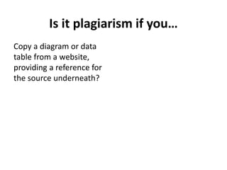 Is it plagiarism if you…
Copy a diagram or data
table from a website,
providing a reference for
the source underneath?
 