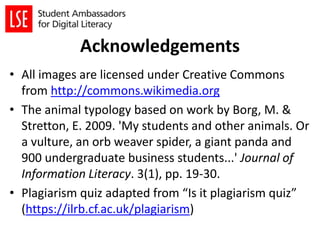 Acknowledgements
• All images are licensed under Creative Commons
from http://commons.wikimedia.org
• The animal typology based on work by Borg, M. &
Stretton, E. 2009. 'My students and other animals. Or
a vulture, an orb weaver spider, a giant panda and
900 undergraduate business students...' Journal of
Information Literacy. 3(1), pp. 19-30.
• Plagiarism quiz adapted from “Is it plagiarism quiz”
(https://ilrb.cf.ac.uk/plagiarism)
 