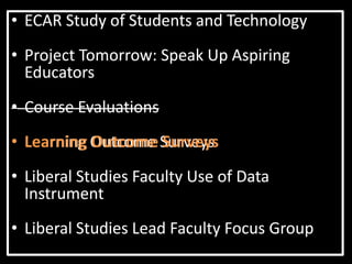 • ECAR Study of Students and Technology
• Project Tomorrow: Speak Up Aspiring
Educators
• Course Evaluations
• Learning Outcome Surveys
• Liberal Studies Faculty Use of Data
Instrument
• Liberal Studies Lead Faculty Focus Group
• ECAR Study of Students and Technology
• Project Tomorrow: Speak Up Aspiring
Educators
• Course Evaluations
• Learning Outcome Surveys
• Liberal Studies Faculty Use of Data
Instrument
• Liberal Studies Lead Faculty Focus Group
 