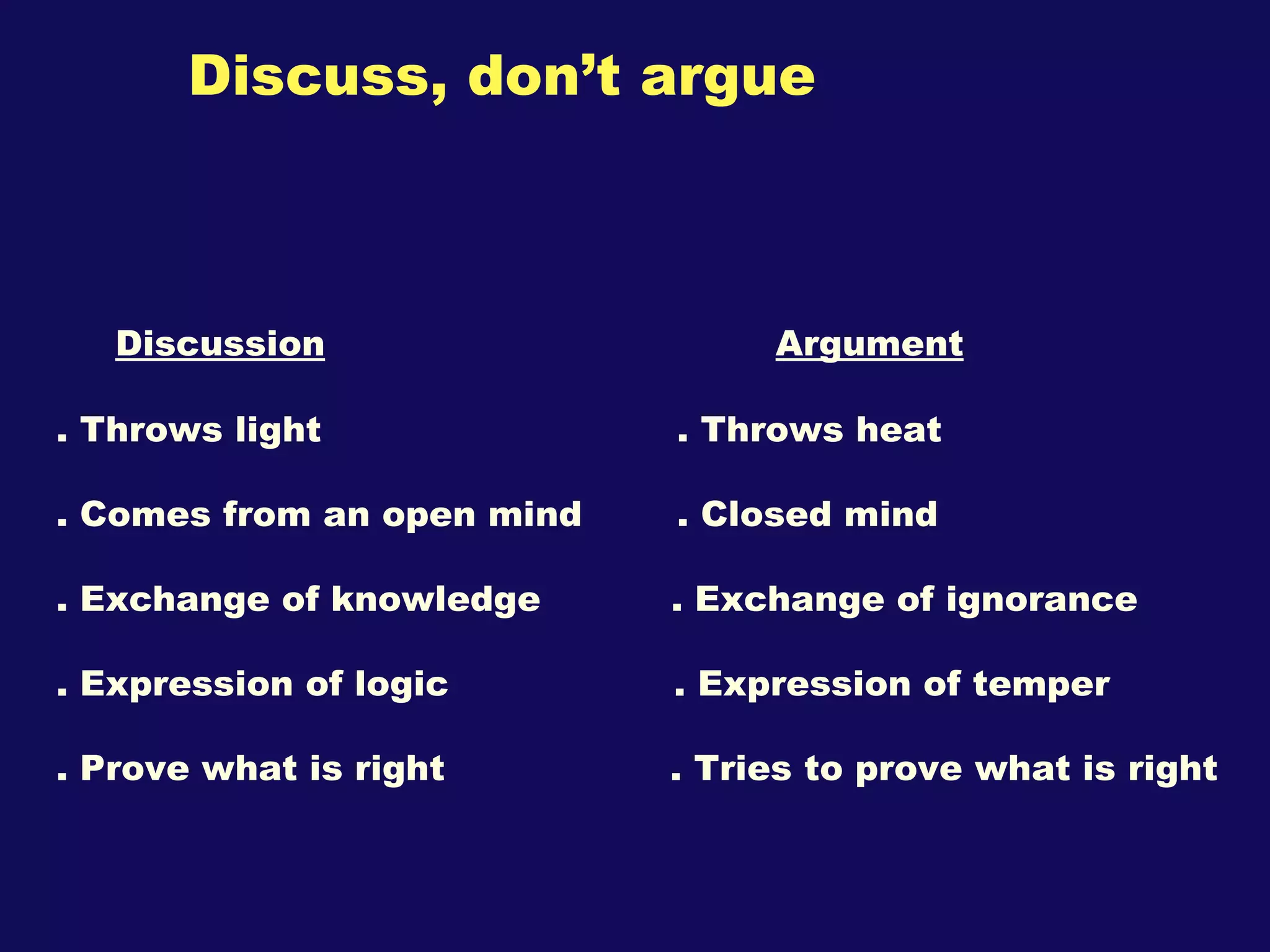 Discuss, don’t argue Discussion   Argument . Throws light  . Throws heat . Comes from an open mind  . Closed mind . Exchange of knowledge  . Exchange of ignorance . Expression of logic  . Expression of temper . Prove what is right  . Tries to prove what is right  