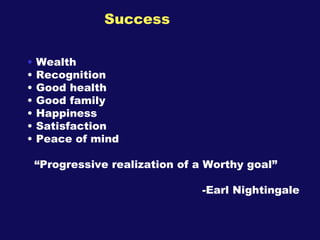 Success <ul><li>Wealth </li></ul><ul><li>Recognition </li></ul><ul><li>Good health </li></ul><ul><li>Good family </li></ul...