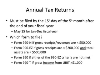 Annual Tax Returns
• Must be filed by the 15th
day of the 5th
month after
the end of your fiscal year
– May 15 for Jan-Dec fiscal year
• Which form to file?
– Form 990-N if gross receipts/revenues are < $50,000
– Form 990-EZ if gross receipts are < $200,000 and total
assets are < $500,000
– Form 990 if either of the 990-EZ criteria are not met
– Form 990-T if gross income from UBIT >$1,000
 