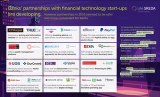 however partnerships in 2016 seemed to be safer
and more convenient for banks
Banks’ partnerships with ﬁnancial technology start-ups
are developing,
Enable Citi card members to use their
Citi Cards with PayPal online, in-app
and in stores
P2P payments, provides making
payments via the social networks
Oﬀering investing advice and
data-driven recommendations
P2P-lending. Enables local SMEs to
borrow short-term business loans
Study and test blockchain technology
to enable payment transactions 
Provides direct ﬁnancing to SMEs
To contribute to the acceleration of
the rollout of its digital strategy
Online wealth management
platform
Automotive pricing and information
website for car buyers and dealers
Oﬀering its clients access to equity
crowdfunding opportunities
Use Fincast to advise customers on
the types of ﬁnancial products they
need to meet their investment goals
To oﬀer a TD and Westpac
branded spending app
An extensive interest was shown
by banks and ﬁnancial institutions
partnering with robo-advisors,
digital wealth managers;
In addition, there is a growing
tendency by banks to partner with
crowdfunding companies
(Santander, UOB, Belﬁus Bank, Alfa
Bank, etc);
Asian banks are widely partnering
with Fintech accelerators in order
to pilot new products with ﬁntechs
residents;
Many pilots were initiated in 2016
between blockchain companies
and banks worldwide
(SG, SCB, Barclays, etc)
 
