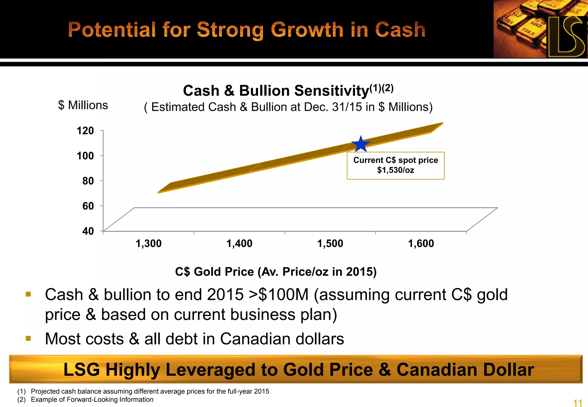 11
40
60
80
100
120
1,300 1,400 1,500 1,600
(1) Projected cash balance assuming different average prices for the full-year 2015
(2) Example of Forward-Looking Information
(3) Assuming current C$ gold price & based on current business plan.
Cash & Bullion Sensitivity(1)(2)
(Estimated Cash & Bullion at Dec. 31/15 in $ Millions)$ Millions
C$ Gold Price (Av. Price/oz in 2015)
 Cash & bullion to end 2015 at @$100M(2)(3)
 Most costs & all debt in Canadian dollars
 $0.10 change in C$ impacts net free cash flow by close to $30 million
LSG Highly Leveraged to Gold Price & Canadian Dollar
Current C$ spot price
$1,514/oz
 