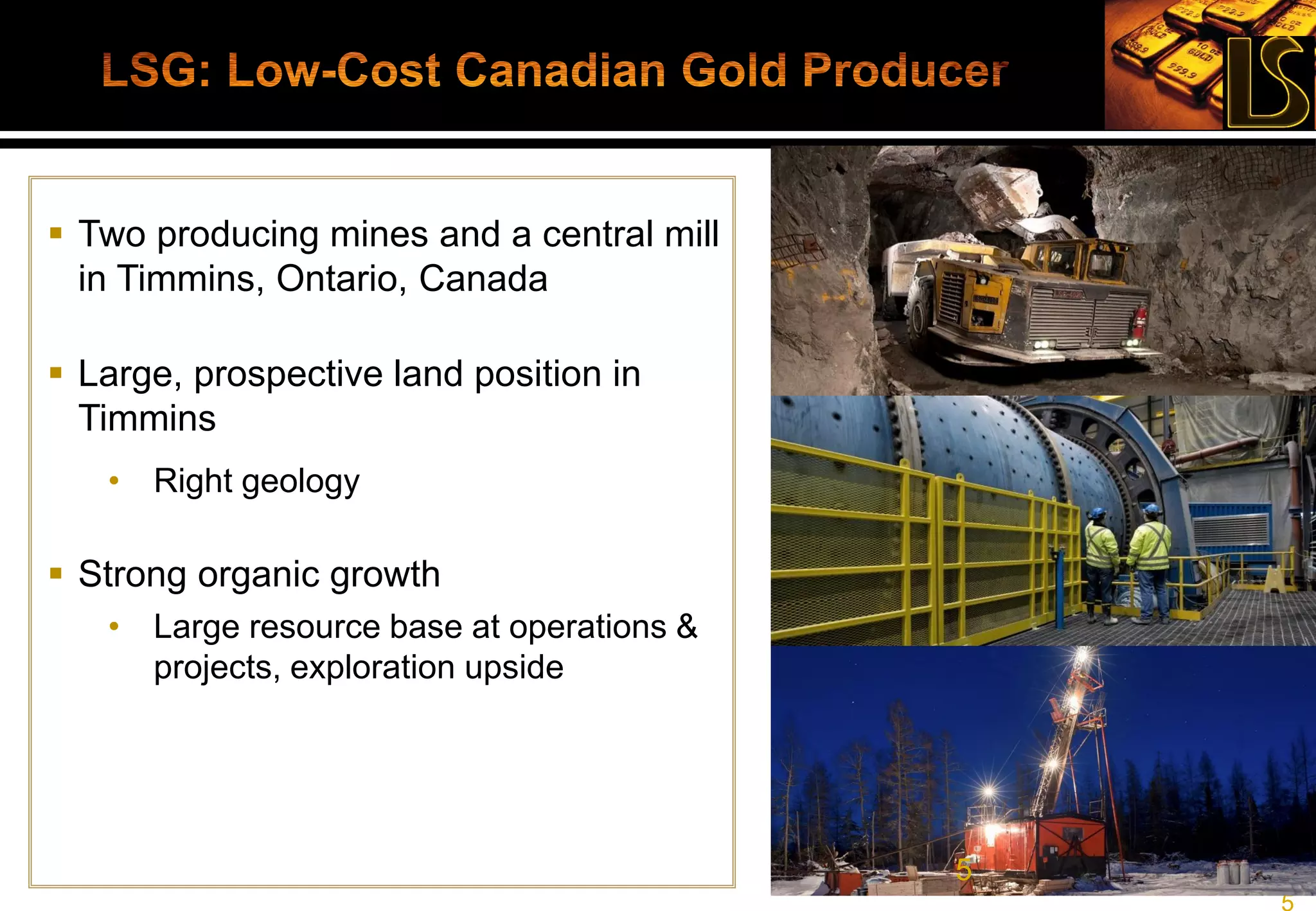 5
0.0
20.0
40.0
60.0
80.0
100.0
120.0
140.0
160.0
180.0
200.0
Lake Shore Gold Gold Miners ETF (GDX)
Junior Gold Miners ETF (GDXJ) Spot Gold
Shares O/S (Basic) 435,400,000
Price (Feb. 23/15) $1.11
Market Cap. $483,300,000
52 Week High/Low $1.40/$0.67
3M av. Daily Volume 3,243,000
Largest Shareholder Van Eck (GDXJ) – 8%
Analyst Coverage
BMO Capital Markets
National Bank Fin.
PI Financial
TD Securities
RBC Capital Markets
CIBC World Markets
Haywood Securities
M Partners
Mackie Research
 @ $70M in cash & bullion
 $5M(1) of short-term debt will be fully
repaid by May 2015, all debt in C$
 $103.5 million convertible debenture
• 6.25% coupon, due Sept. 2017
• Convertible at $1.40/share
• TSX: LSG.DB – $103.00 at Feb. 23/15
138
61
86
78
%
(1) As at January 31, 2015
 