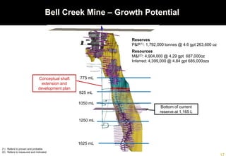 Bottom of current
reserve at 1,165 L
Reserves
P&P(1): 1,792,000 tonnes @ 4.6 gpt 263,600 oz
Resources
M&I(2): 4,904,000 @ 4.29 gpt 687,000oz
Inferred: 4,399,000 @ 4.84 gpt 685,000ozs
Bell Creek Mine – Growth Potential
(1) Refers to proven and probable
(2) Refers to measured and indicated
Conceptual shaft
extension and
development plan
775 mL
925 mL
1250 mL
1050 mL
1625 mL
 
