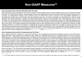 Non-GAAP Measures(1)
(1) The Company’s MDAs for the full-year 2014 and for the first nine months and third quarter of 2015 are posted at www.sedar.com and on the Company’s website at www.lsgold.com.
Cash Operating Costs and Cash Operating Costs Per Ounce
Cash operating costs are disclosed on a per ounce sold basis. Cash operating costs and cash operating cost per ounce sold are Non-GAAP
measures. In the gold mining industry, cash operating costs and cash operating costs per ounce are common performance measures but do
not have any standardized meaning. Cash operating costs are derived from amounts included in the Consolidated Statements of
Comprehensive Income (Loss) and include mine site operating costs such as mining, processing and administration as well as royalty
expenses, but exclude depreciation, depletion and share-based payment expenses and reclamation costs. Cash operating costs per ounce
are based on ounces sold and are calculated by dividing cash operating costs by commercial gold ounces sold; US$ cash operating costs
per ounce sold are derived from the cash operating costs per ounce sold translated using the average Bank of Canada C$/US$ exchange
rate for the period. The Company discloses cash operating costs and cash operating costs per ounce as it believes the measures provide
valuable assistance to investors and analysts in evaluating the Company’s operational performance and ability to generate cash flow. The
most directly comparable measure prepared in accordance with GAAP is total production costs. A reconciliation of cash operating costs and
cash operating cost per ounce to total production costs for the three and nine months ended September 30, 2015 and 2014 is set out on
page 20 of the Company’s MD&A filed on SEDAR at www.sedar.com and at www.lsgold.com.
All-in Sustaining Costs and All-In Sustaining Costs Per Ounce
All-in sustaining costs are disclosed on a per ounce sold basis. All-in sustaining costs and all-in sustaining cost per ounce sold are Non-
GAAP measures. These measures are intended to assist readers in evaluating the total costs of producing gold from current operations.
While there are no standardized meanings across the industry for these measures, the Company’s definitions conform to the all-in sustaining
costs definition as set out by the World Gold Council in its guidance note dated June 27, 2013. The Company defines all-in sustaining costs
as the sum of production costs, sustaining capital (capital required to maintain current operations at existing levels), corporate general and
administrative expenses, in-mine exploration expenses and reclamation cost accretion related to current operations. All-in sustaining costs
exclude growth capital, growth exploration expenditures, reclamation cost accretion not related to current operations, interest expense, debt
repayment and taxes. The costs included in the calculation of all-in sustaining costs are divided by commercial gold ounces sold to obtain the
all-in sustaining cost per ounce; US$ all-in sustaining cost per ounce sold is translated using the average Bank of Canada C$/US$ exchange
rate for the period. The most directly comparable measure prepared in accordance with GAAP is total production costs. A reconciliation of
all-in sustaining cost to amounts included in the Consolidated Statements of Comprehensive Loss (Income) for the three and nine months
ended September 30, 2015 and 2014 is set out on page 21 of the Company’s MD&A filed on SEDAR at www.sedar.com and at
www.lsgold.com.
 