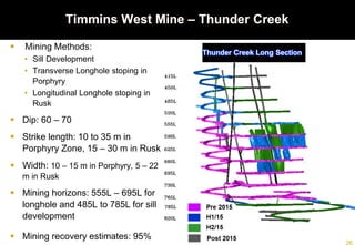 Highlightsof Production Plan - TC
 Mining Methods:
• Sill Development
• Transverse Longhole stoping in
Porphyry
• Longitudinal Longhole stoping in
Rusk
 Dip: 60 – 70
 Strike length: 10 to 35 m in
Porphyry Zone, 15 – 30 m in Rusk
 Width: 10 – 15 m in Porphyry, 5 – 22
m in Rusk
 Mining horizons: 555L – 695L for
longhole and 485L to 785L for sill
development
 Mining recovery estimates: 95%
Thunder Creek Long Section
Timmins West Mine – Thunder Creek
 