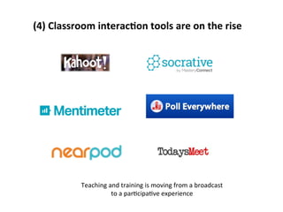 (4)	
  Classroom	
  interacJon	
  tools	
  are	
  on	
  the	
  rise	
  
Teaching	
  and	
  training	
  is	
  moving	
  from	
  a	
  broadcast	
  	
  
to	
  a	
  parOcipaOve	
  experience	
  
 