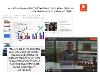 InteracOve	
  video	
  content	
  for	
  PowerPoint	
  (voice,	
  video,	
  digital	
  ink)	
  
	
  is	
  now	
  available	
  as	
  a	
  free	
  Microso@	
  plugin	
  …	
  	
  
“My	
  ‘new	
  kid	
  on	
  the	
  block’	
  this	
  
year.	
  Why	
  would	
  you	
  invest	
  in	
  
expensive	
  and	
  complicated	
  
authoring	
  tools	
  if	
  you	
  just	
  want	
  
to	
  ‘convert	
  your	
  PowerPoint	
  to	
  
e-­‐learning’	
  (even	
  if	
  that’s	
  not	
  
always	
  a	
  good	
  idea)?”	
  	
  
Jan	
  Van	
  Belle	
  
 