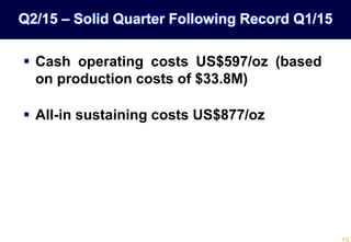  Cash operating costs US$597/oz (based
on production costs of $33.8M)
 All-in sustaining costs US$877/oz
Q2/15 – Solid Quarter Following Record Q1/15
 