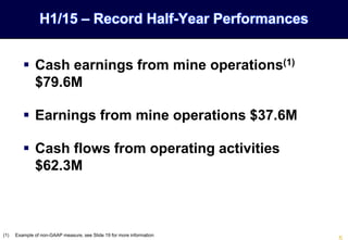 (1) Example of non-GAAP measure, see Slide 19 for more information
 Cash earnings from mine operations(1)
$79.6M
 Earnings from mine operations $37.6M
 Cash flows from operating activities
$62.3M
H1/15 – Record Half-Year Performances
 