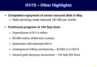  Completed repayment of senior secured debt in May
 Debt servicing costs reduced >$1.0M per month
 Continued progress at 144 Gap Zone
 Expenditures of $11.4 million
 85,400 metres drilled from surface
 Exploration drift extended 940 m
 Underground drilling commencing – 40,000 m in H2/15
 Second gold discovery announced – 144 Gap SW Zone
H1/15 – Other Highlights
 
