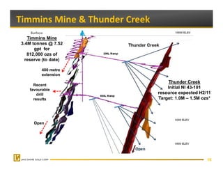 Timmins Mine & Thunder Creek
    Timmins Mine
 3.4M tonnes @ 7.52
       gpt for
    812,000
    812 000 ozs of
   reserve (to date)

          400 metre
          extension
                                   Thunder Creek
       Recent
     favourable
                                   Initial NI 43-101
         drill                 resource expected H2/11
       results                 Target: 1 0M – 1 5M ozs*
                               T    t 1.0M 1.5M       *




       Open




                                                     16
 