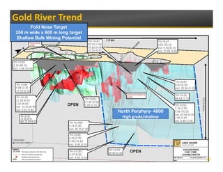 Gold River Trend 
      Fold Nose Target
250 m wide x 600 m long target
Shallow Bulk Mining Potential




                                 North Porphyry‐ 4800
                                   High grade/shallow
                                     g g     /




                                                        17
 