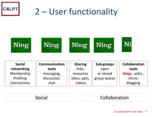 2 – User functionality




   Social      Communication     Sharing       Sub‐groups       Collaboration 
networking          tools         links,          open              tools
Membership       messaging,     resources       or closed       blogs,  wikis ,
  Profiling      discussion,   (docs, ppts,   group spaces          micro‐
Connections         chat          videos                          blogging


              Social                             Collaboration

                                                         {c) www.C4LPT.co.uk Slide : 7
 