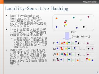 Locality-Sensitive Hashing Locality-Sensitive Hashing( 以下 LSH) は、 Hash 関数に基づいた (r,c)- 近似最近傍点探索アルゴリズム ハッシュ関数とは元のデータから、一定の範囲内の数値を生成する関数 一般的には、生成される値に偏りが無く、衝突が起きづらく、似たデータから近い値が生成されないものが用いられる LSH では、 p∈P において、近接する点は同じ値となり、離れた点は違う値になるような ( Locality-Sensitive な )hash 関数を用いる p q p∈P G  =  {g i   :  ℜd  -> U} …… g1 …… g2 …… g3 …… g4 …. 