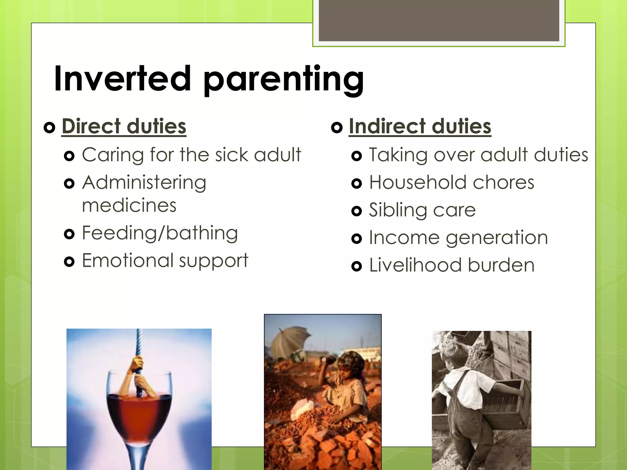 Inverted parenting 
 Direct duties 
 Caring for the sick adult 
 Administering 
medicines 
 Feeding/bathing 
 Emotional support 
 Indirect duties 
 Taking over adult duties 
 Household chores 
 Sibling care 
 Income generation 
 Livelihood burden 
 
