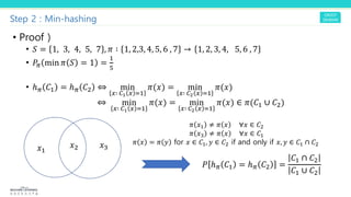 Step 2 : Min-hashing
• Proof )
• T = 1, 3, 4, 5, 7 , F ∶ 1, 2,3, 4, 5, 6 , 7 → 1, 2, 3, 4, 5, 6 , 7
• Y. min F T = 1 =
!
(
• ℎ. R! = ℎ. R" ⇔ min
/∶ 1! / 2!
F(!) = min
/∶ 1" / 2!
F(!)
⇔ min
/∶ 1! / 2!
F(!) = min
/∶ 1" / 2!
F(!) ∈ F(R! ∪ R")
!! x1!" !3
x1
+ ,! ≠ + , ∀, ∈ 0"
+ ,# ≠ + , ∀, ∈ 0!
+ , = + 2 for , ∈ 0!, 2 ∈ 0" if and only if ,, 2 ∈ 0! ∩ 0"
Y ℎ. R! = ℎ. R" =
R! ∩ R"
R! ∪ R"
 