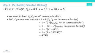 Step 3 : LSH(Locality Sensitive Hashing)
• Case 2 : 5"# $!, $" = 0.3 ! = 0.8 9 = 20 ; = 5
• We want to hash R!, R" to NO common buckets
• Y R!, R" PJ `aQQaJ bc`def = 1 − Y R!, R" Jaf PJ `aQQaJ bc`def
= 1 − ∏$ Y `$,!, `$," Jaf PJ `aQQaJ bc`def
= 1 − ∏$(1 − Y `$,!, `$," PJ `aQQaJ bc`def )
= 1 − ∏$(1 − 0.3()
= 1 − 1 − 0.00243 "6
= 4.74%
 
