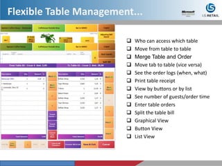  Who can access which table
 Move from table to table
 Merge Table and Order
 Move tab to table (vice versa)
 See the order logs (when, what)
 Print table receipt
 View by buttons or by list
 See number of guests/order time
 Enter table orders
 Split the table bill
 Graphical View
 Button View
 List View
Flexible Table Management...
 