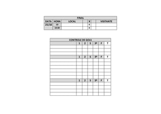 FINAL
DATA HORA LOCAL X VISITANTE
25/10 10 X
10:30 X
CONTROLE DE GOLS
1 2 S 3º F T
1 2 S 3º F T
1 2 S 3º F T
 