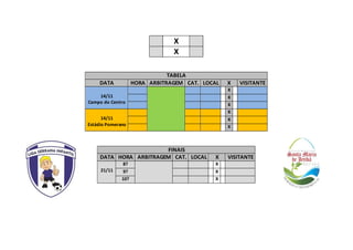 X
X
TABELA
DATA HORA ARBITRAGEM CAT. LOCAL X VISITANTE
14/11
Campo do Centro
X
X
X
14/11
Estádio Pomerano
X
X
X
FINAIS
DATA HORA ARBITRAGEM CAT. LOCAL X VISITANTE
21/11
8? X
9? X
10? X
 